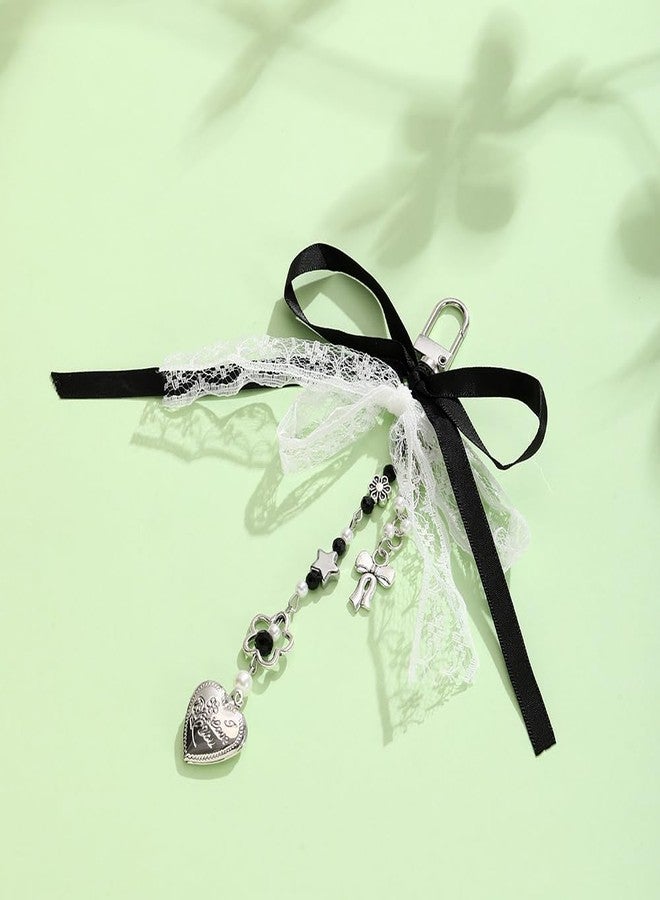 Dhdfisd Bow Keychain Y2K Coquette Aesthetic Bow Heart Pearl Flower Lace Ribbon Keychain Cute Bag Purse Handbag Charm (Black bow) - Image 2